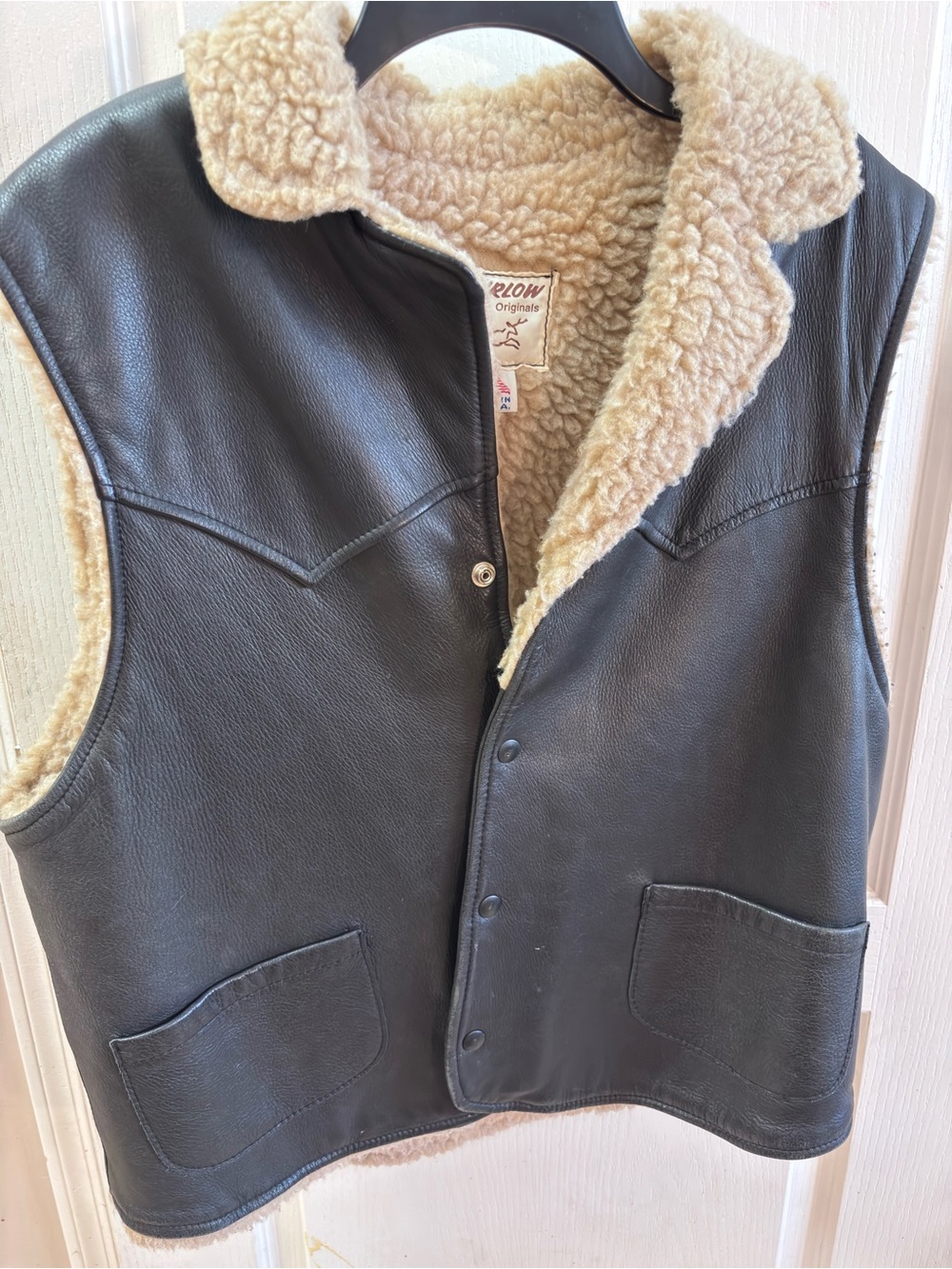 Vtg Thurlow Deerskin Originals Black Leather Vest Sherpa Lined Western Rancher